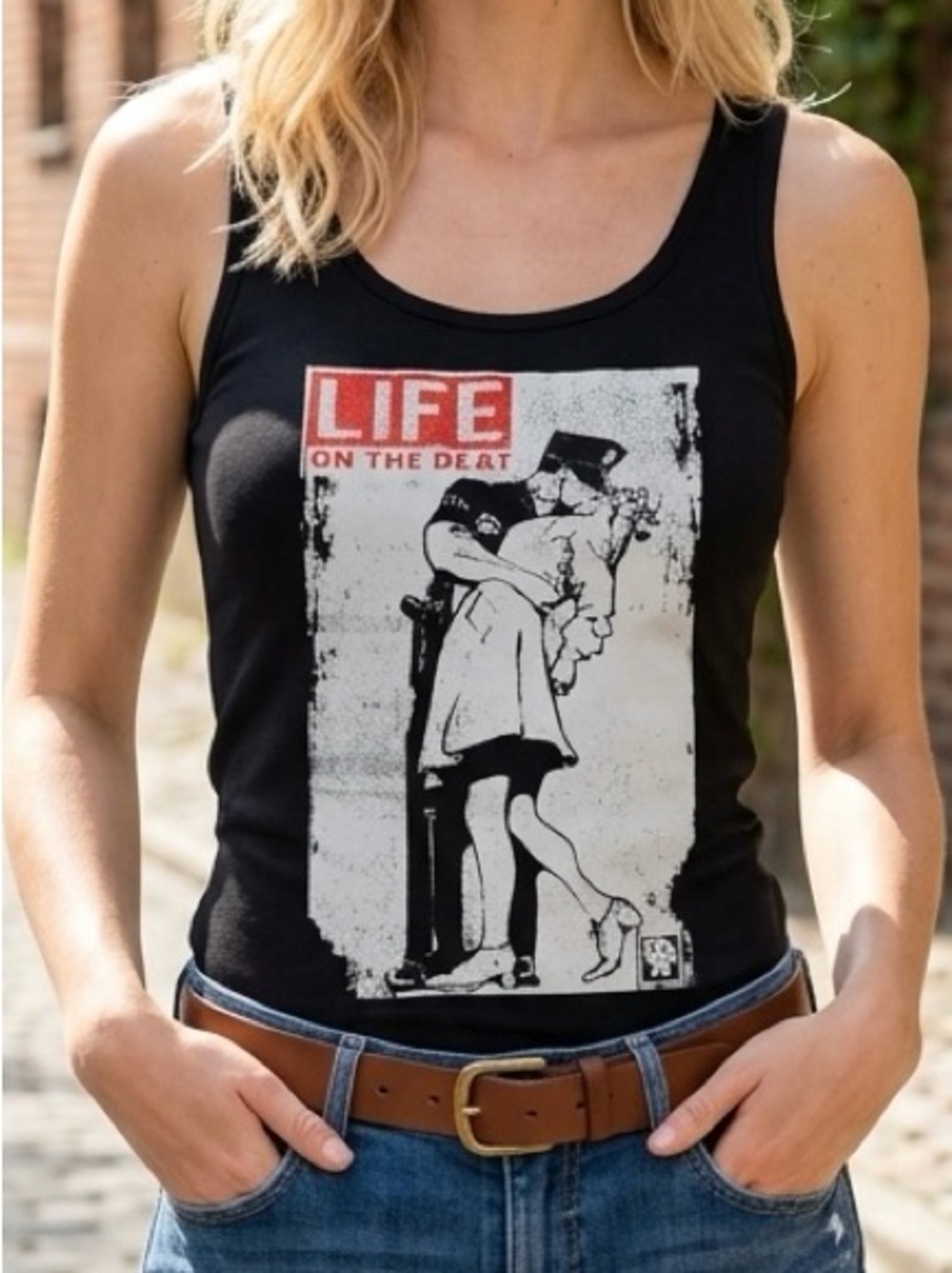 Vintage Black Graphic Scoop Neck Tank Top with LIFE Print